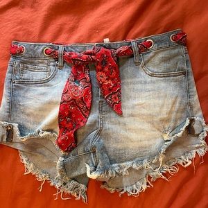 Altar’d State Red Bandana Belt Distressed Denim Shorts